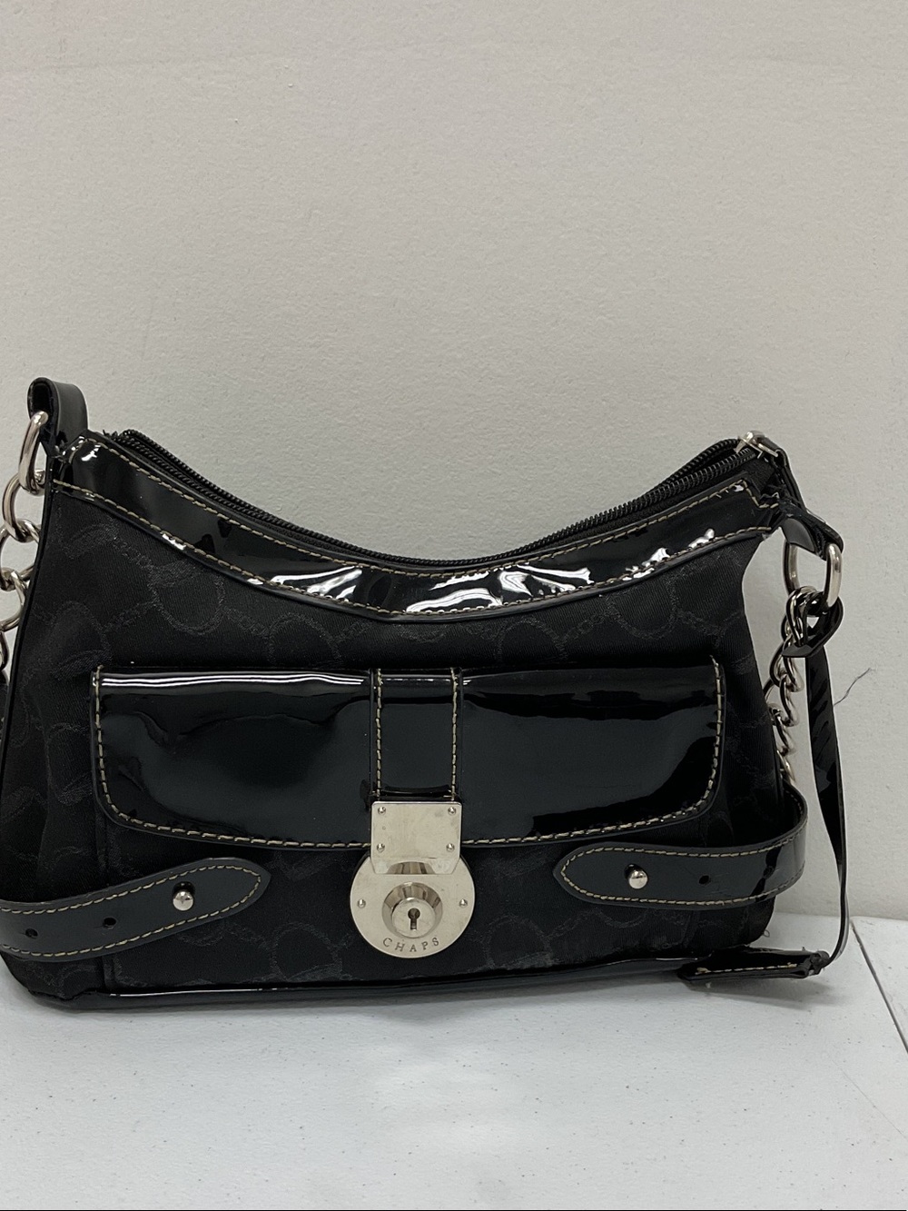 Chaps Black Patent Accent Shoulder Bag